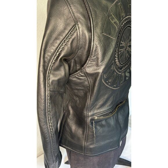 Harley Davidson Womens M Leather Riding Jacket Black Willie G Wheel Large Print - Picture 7 of 12